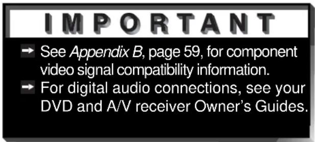 IMPORTANT → See Appendix B, page 59, for component video signal compatibility information. → For digital audio connections, see your DVD and A/V receiver Owner's Guides.
