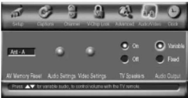Setup Captions Channel VChip Look Advanced Auto/Wives Clock Ant - A On Variable Off Fixed AV Memory Reset Audio Settings Video Settings TV Speakers Audio Output Press ▲▼ for variable audio, to control volume with the TV remote.