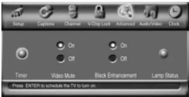 Setup Captions Channel V-Clip Lock Advanced Audio/Vides Clock On On Off Off Timer Video Mute Black Enhancement Lamp Status Press ENTER to schedule the TV to turn on.