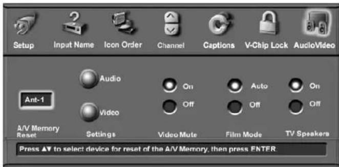 Setup Input Name Icon Order Channel Captions V-Chip Lock AudioVideo Ant-1 Audio On Auto On Video Off Off A/V Memory Reset Settings Video Mute Film Mode TV Speakers Press ▲ to select device for reset of the A/V Memory, then press ENTER.