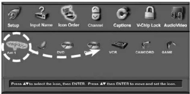 Setup Input Name Icon Order Channel Captions V-Chip Lock AudioVideo Aat-1 DVD VCR CAMCORD GAME Press ▲ to select the icon, then ENTER. Press ▲ then ENTER to move and set the icon.