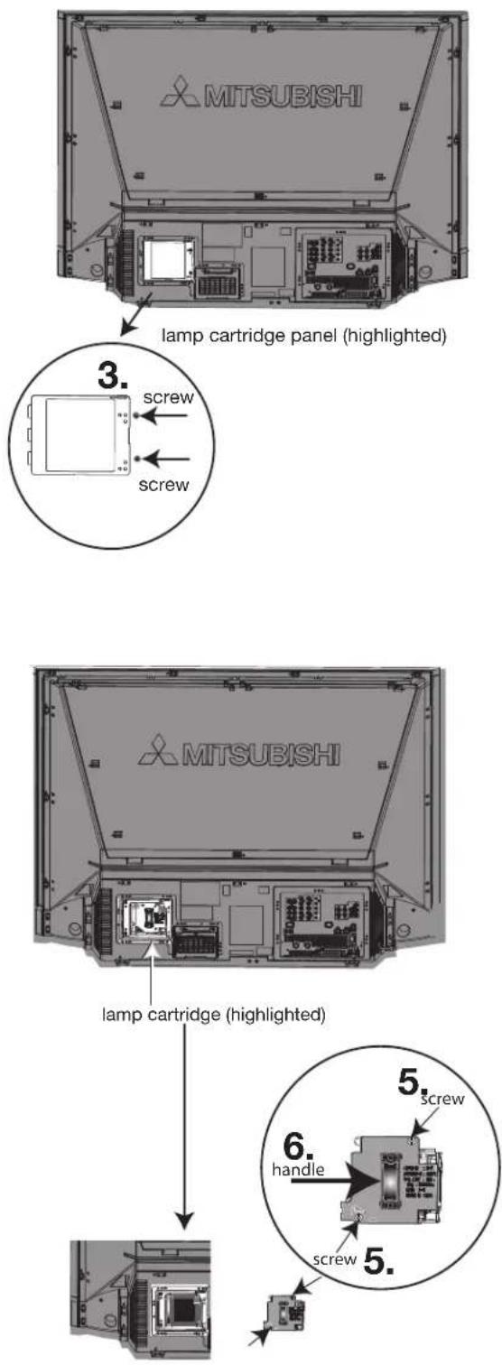 MITSUBISHI lamp cartridge panel (highlighted) 3. screw screw MITSUBISHI lamp cartridge (highlighted) 5. screw 6. handle screw 5.