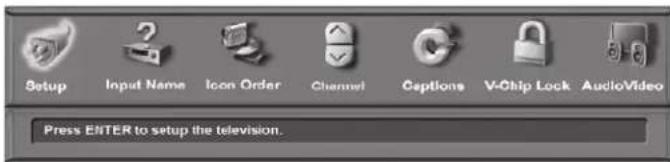 Setup Input Name Icon Order Channel Captions V-Chip Lock AudioVideo Press ENTER to setup the television.