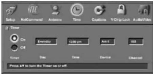 Setup NotCommand Antenna Time Capture V-Chip Lock Audio/Via Timer On Everyday 12:00 pm Art 8 366 Off Timer Day Time Device Channel Press AV to turn the Timer on or off.