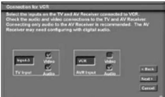 Connections for VCR Select the inputs on the TV and AV Receiver connected to VCR. Check the audio and video connections to the TV and AV Receiver: Connecting only audio to the AV Receiver is recommended. The AV Receiver may need configuring with digital audio.