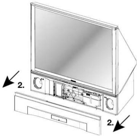 Technical diagram of an outdoor TV unit with labeled components and directional arrows indicating assembly or installation.