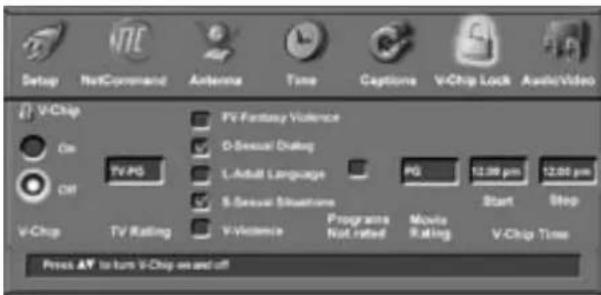 Setup NetCommand Antenna Time Captions V-Chip Lock Audio/Video V-Chip On Cyl TV PS PV-Fantasy Violence D-Sexual Dialog L-Adult Language S-Sexual Sluertures V-Violence Programma Not rated Movie Rating PG 12.00 pm Start Stop V-Chip Time Press AV to turn V-Chip as and off