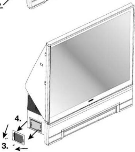 Technical diagram of a flat-screen monitor with labeled components and directional arrows indicating assembly or installation steps.
