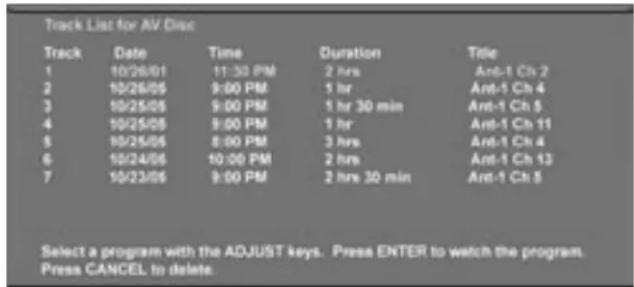 Track List for AV Disc Track Date Time Duration Title 1 10/26/01 11:30 PM 2 hrs Ant-1 Ch 2 2 10/26/05 9:00 PM 1 hr Ant-1 Ch 4 3 10/25/05 9:00 PM 1 hr 30 min Ant-1 Ch 5 4 10/25/05 9:00 PM 1 hr Ant-1 Ch 11 5 10/25/05 8:00 PM 3 hrs Ant-1 Ch 4 6 10/24/05 10:00 PM 2 hrs Ant-1 Ch 13 7 10/23/05 9:00 PM 2 hrs 30 min Ant-1 Ch 5 Select a program with the ADJUST keys. Press ENTER to watch the program. Press CANCEL to delete.