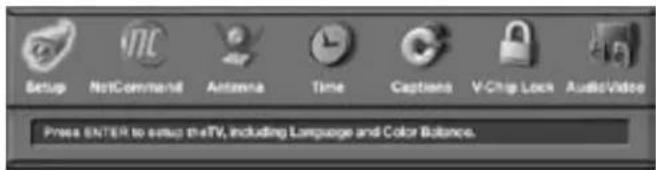 Setup NotCommand Antenna Time Captions V-Chip Lock AudioVideo Press ENTER to setup theTV, Including Language and Color Balance.