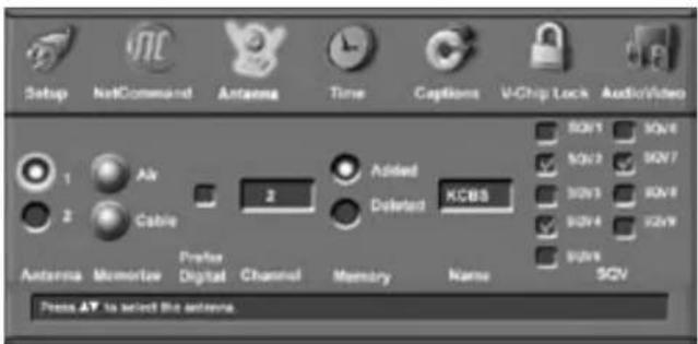 Setup NetCommand Antenna Time Captions V-Chip Lock Audio/Video 1 2 Aix Cable Added Delbert KCBS 80V1 80V6 80V12 80V7 80V5 80V8 80V4 80V9 80ms 80V Antenna Memorize Prefer Digital Channel Memory Name Press AV to select the antenna.