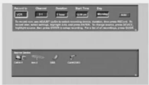 Record to VCR 2-1 Duration Start Time Day 12:00 am Monday ADD To record on, see ADJUST UcEx to send recording devices, duration, driven press RECund. To record later, send settings, highlight AABS, start press ENTER. To change source, press DEVICE, highlight source. Next press ENTER to send recording. For a list of all recordings, press GUIDE Resource Desk CABR-1 Access USB CANOSER