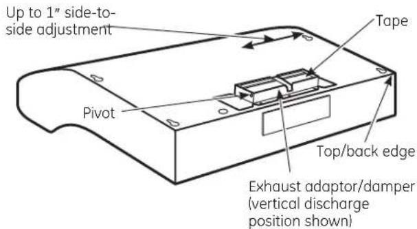 Up to 1" side-to-side adjustment Tape Pivot Top/back edge Exhaust adaptor/damper (vertical discharge position shown)