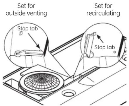 Set for outside venting Stop tab Set for recirculating Stop tab