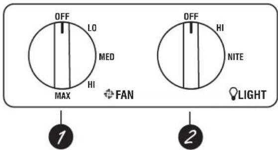 OFF LO MED HI MAX FAN OFF HI NITE LIGHT 1 2
