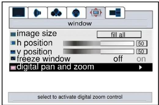 window image size fill all h position 50 v position 50 freeze window off on digital pan and zoom select to activate digital zoom control