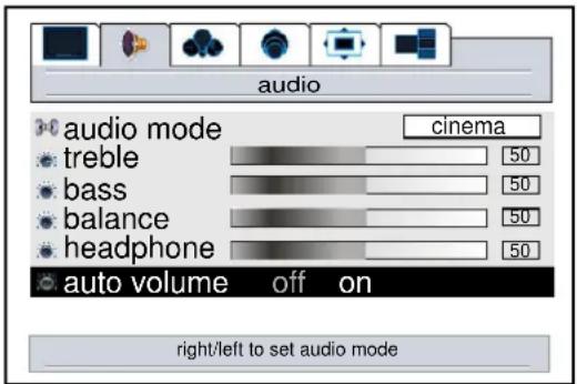 audio audio mode treble bass balance headphone cinema 50 50 50 50 auto volume off on right/left to set audio mode