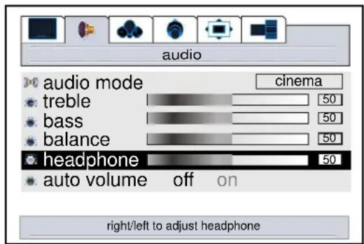 audio audio mode cinema treble 50 bass 50 balance 50 headphone 50 auto volume off on right/left to adjust headphone