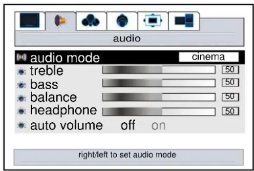 audio audio mode cinema treble 50 bass 50 balance 50 headphone 50 auto volume off on right/left to set audio mode