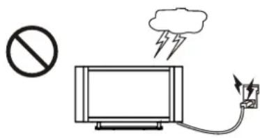 Diagram showing a prohibition symbol, a monitor with lightning, and a plug connected to a cloud, likely illustrating a basic safety or electrical hazard.