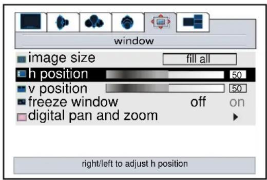 window image size fill all h position 50 v position 50 freeze window off on digital pan and zoom right/left to adjust h position