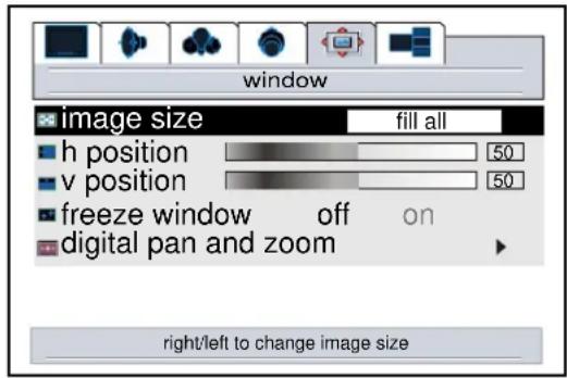 window image size fill all h position 50 v position 50 freeze window off on digital pan and zoom right/left to change image size