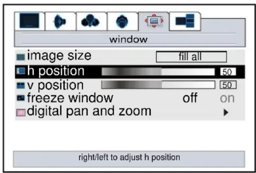 window image size fill all h position 50 v position 50 freeze window off on digital pan and zoom right/left to adjust h position