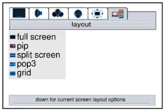 layout ■ full screen ■ pip ■ split screen ■ pop3 ■ grid down for current screen layout options