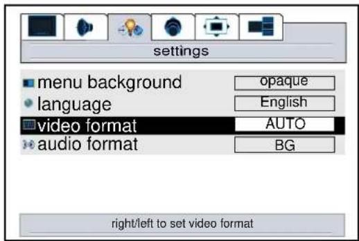 settings menu background language video format audio format opaque English AUTO BG right/left to set video format