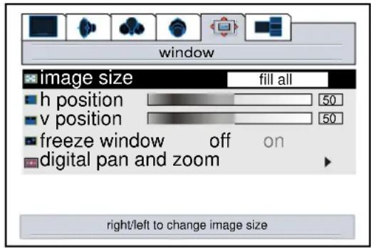 window image size fill all h position 50 v position 50 freeze window off on digital pan and zoom right/left to change image size