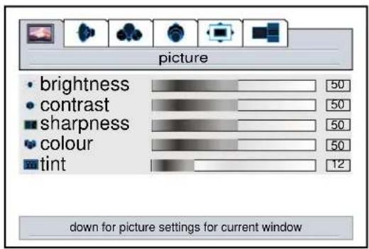 picture • brightness • contrast ■ sharpness ♥ colour ■ tint down for picture settings for current window