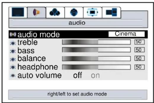 audio audio mode Cinema • treble 50 • bass 50 • balance 50 • headphone 50 • auto volume off on right/left to set audio mode