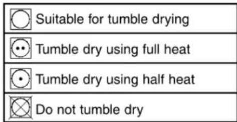 Suitable for tumble drying Tumble dry using full heat Tumble dry using half heat Do not tumble dry