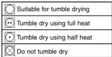 Suitable for tumble drying Tumble dry using full heat Tumble dry using half heat Do not tumble dry