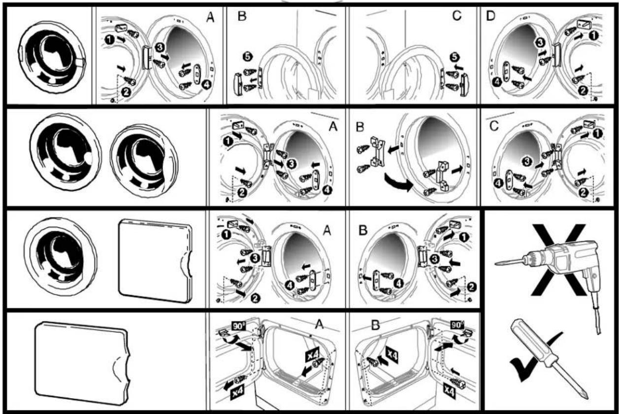 Technical diagram illustrating a mechanical assembly process with labeled steps A, B, C, D and numbered components, including a screwdriver tool.