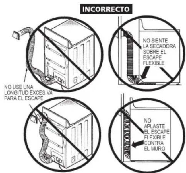 INCORRECTO NO USE UNA LONGITUD EXCESIVA PARA EL ESCAPE NO SIENTE LA SECADORA SOBRE EL ESCAPE FLEXIBLE NO APLASTE EL ESCAPE FLEXIBLE CONTRA EL MURO