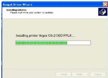 Seagull Driver Wizard Installing Drivers Please wait while your system is updated. Installing printer 'Argox OS-2130D PPLA'... < Back Finish Cancel