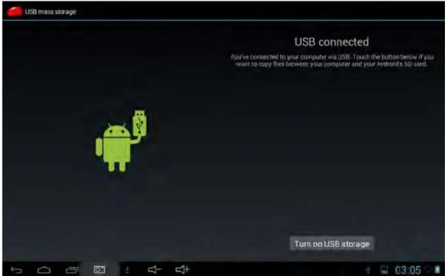 USB mass storage USB connected You've connected to your computer via USB. Touch the button below if you want to copy files between your computer and your Android's 50 card. Turn on USB storage