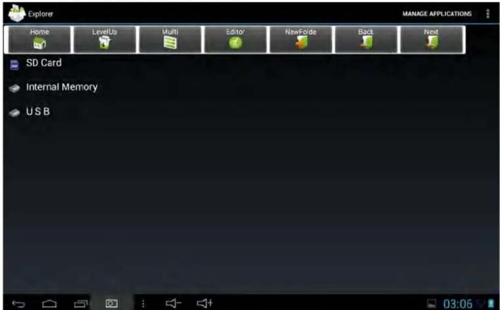 Explorer MANAGE APPLICATIONS Home LevelUp Multi Editor NewFolde Back Next SD Card Internal Memory USB