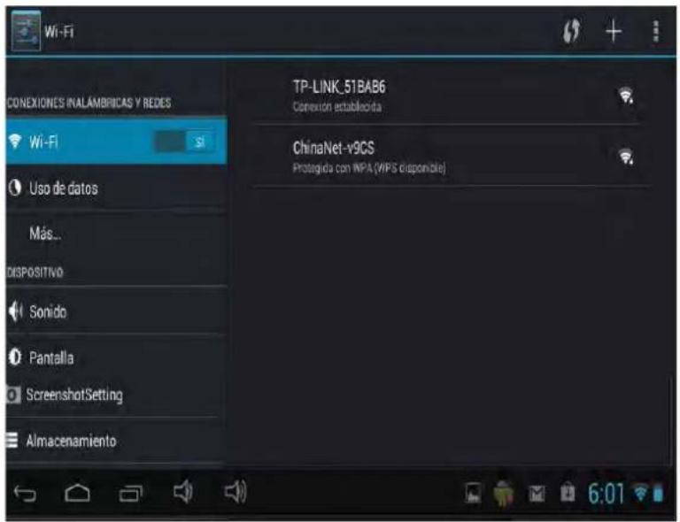 Wi-Fi CONEXIONES INALAMBRICAS Y REDES Wi-Fi Uso de datos Más... DISPOSITIVO Sonido Pantalla ScreenshotSetting Almacenamiento TP-LINK_51BAB6 Conexión establecida ChinaNet-v9CS Protegida con INPA (WIPS disponible) 6:07