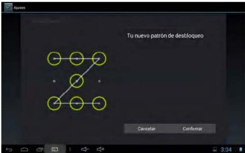 Ajustes Tu nuevo patrón de desbloqueo Cancelar Confirmar 3:04