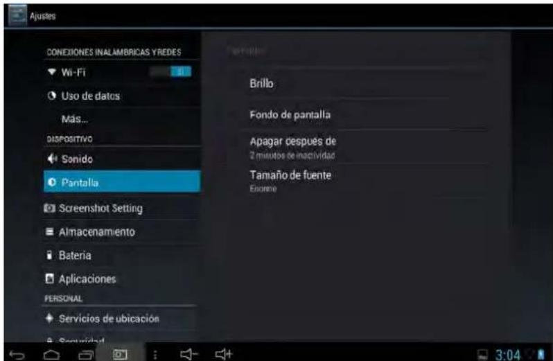 Ajustes CONEXIONES INALAMBRICAS YREDES Wi-Fi Uso de datos Más... DISPOSITIVO Sonido Pantalla Screenshot Setting Almacenamento Bateria Aplicaciones PERSONAL Servicios de ubicación Brillo Fondo de pantalla Apagar después de 2 minutos de inactividad Tamaño de fuente Enorme 3:04