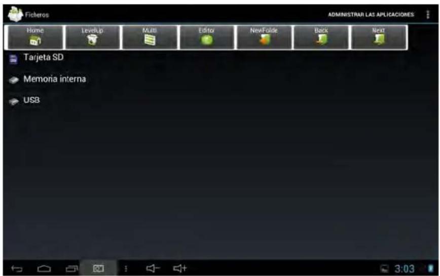 Ficheros ADMINISTRAR LAS APLICACIONES Home LevelUp Multi Editor NewFolde Back Next Tarjeta SD Memoria interna USB