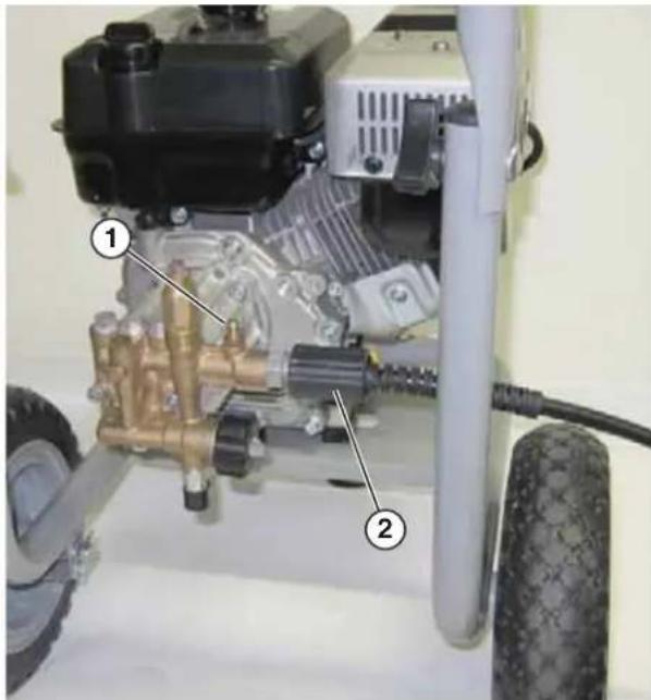 Labeled diagram of a mechanical pressure pump assembly showing components 1 and 2 with numbered parts