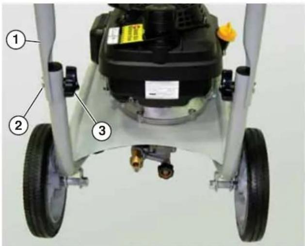 Labeled diagram of a mechanical device showing three components: wheel, base, and top view with visible labels.