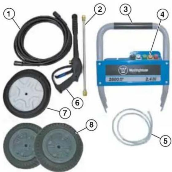 Labeled diagram of automotive components including hoses, wheel rim, and water heater with numbered parts