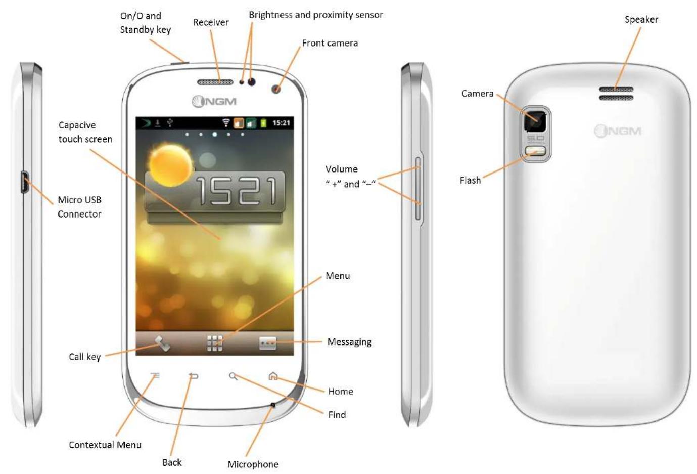 On/O and Standby key Receiver Brightness and proximity sensor Front camera Capacive touch screen Micro USB Connector 15:21 Volume "+" and "-"- Menu Messaging Call key Home Find Contextual Menu Back Microphone Speaker Camera Flash NGM