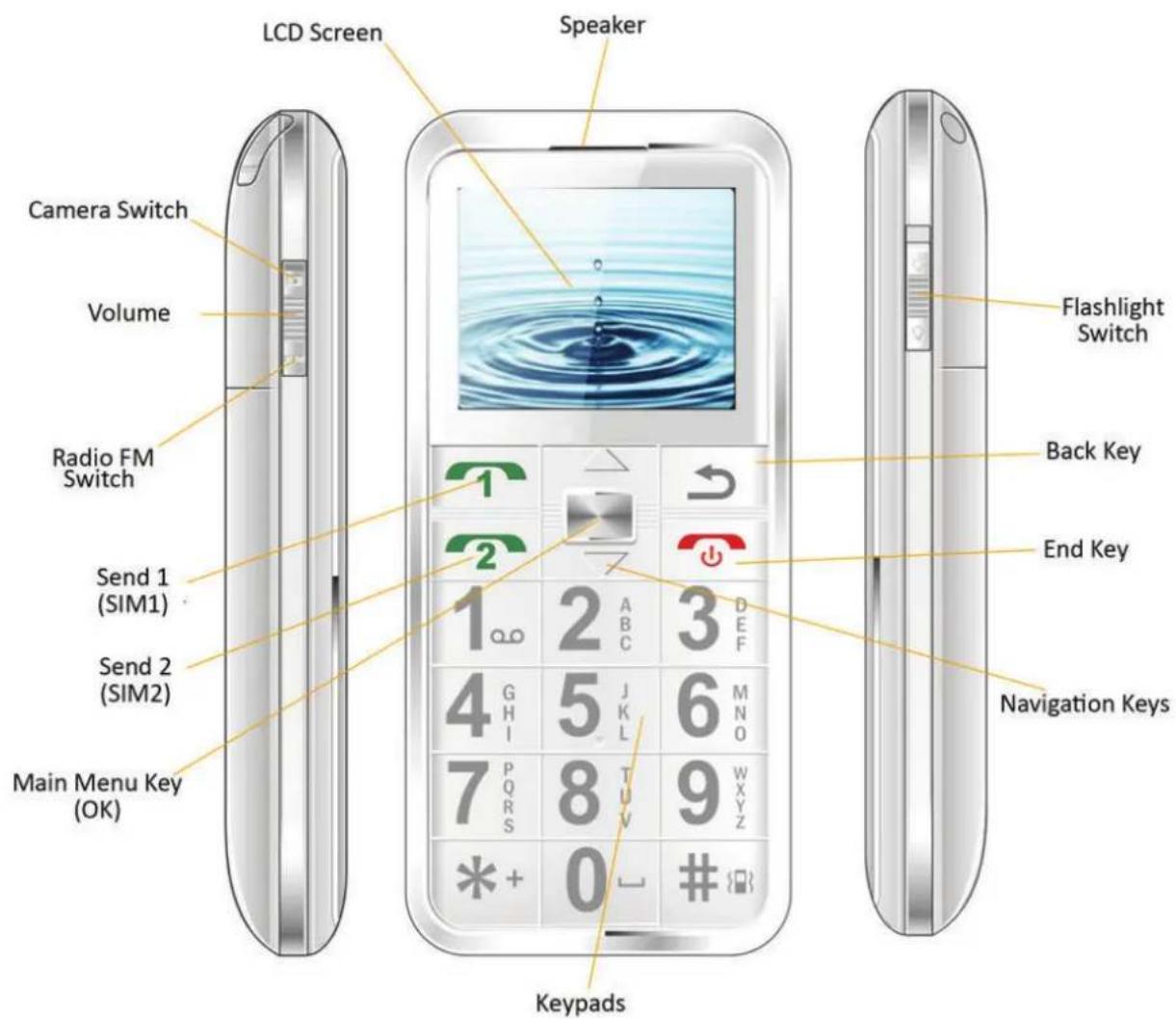 LCD Screen Speaker Camera Switch Volume Radio FM Switch Send 1 (SIM1) Send 2 (SIM2) Main Menu Key (OK) Flashlight Switch Back Key End Key Navigation Keys 1 2 3 4 G H I 5 J K L 6 M N O 7 P Q R S 8 T U V 9 W X Y Z * + 0 - Keypads