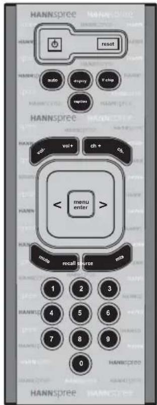 HANNSpree reset auto display V-chip option vol vol+ ch+ ch- < menu enter > menu recall source ms 1 2 3 4 5 6 7 8 9 0 HANNSpree HANNSpree