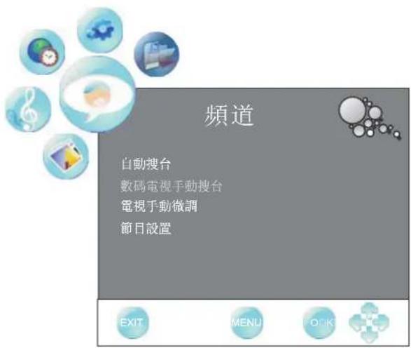 頻道 自動搜台 數碼電視手動搜台 電視手動微調 節目設置 EXIT MENU OK